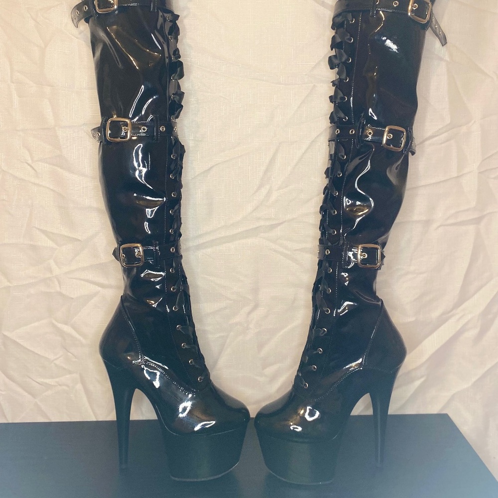 PLEASER Adore-3028 Black Patent 7" Triple Buckle Platform Thigh High Boots Sz 10